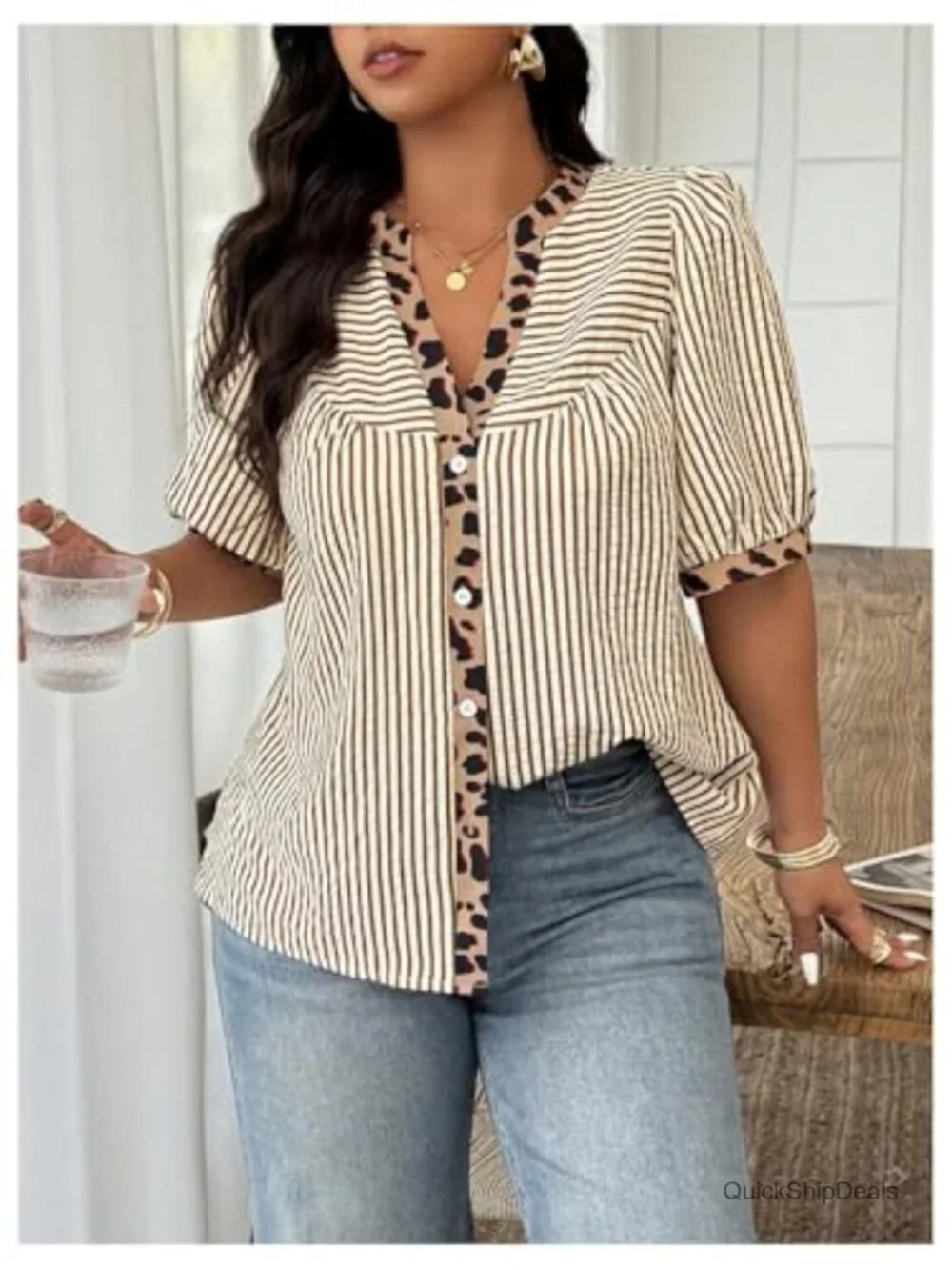 Leopard Button Up Blouse | Notched V Neck Half Sleeve | Business Casual Top